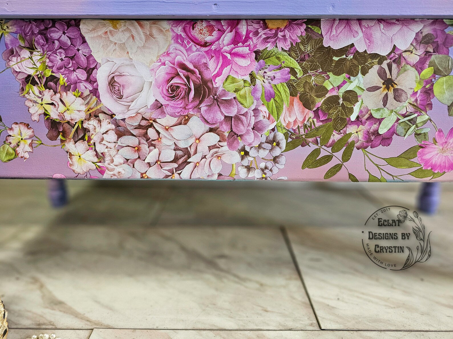 Purple Blossom Wood Bench with Storage