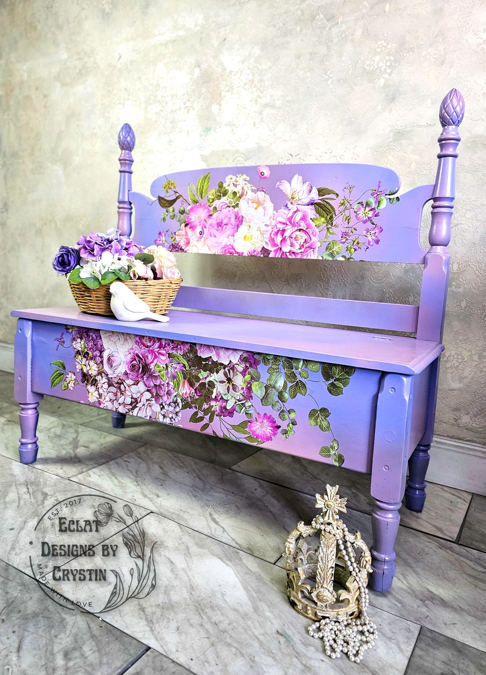 Purple Blossom Wood Bench with Storage