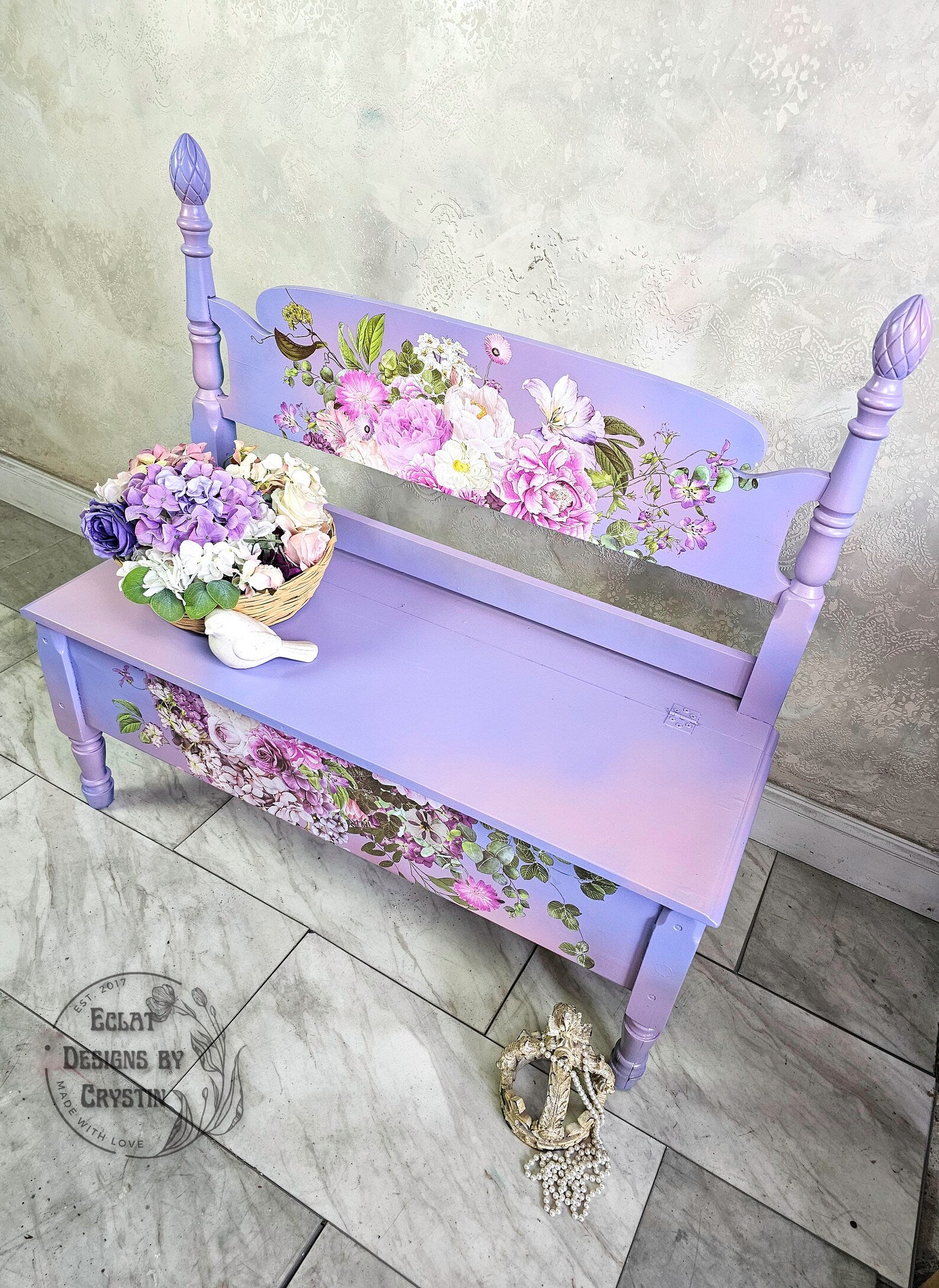 Purple Blossom Wood Bench with Storage