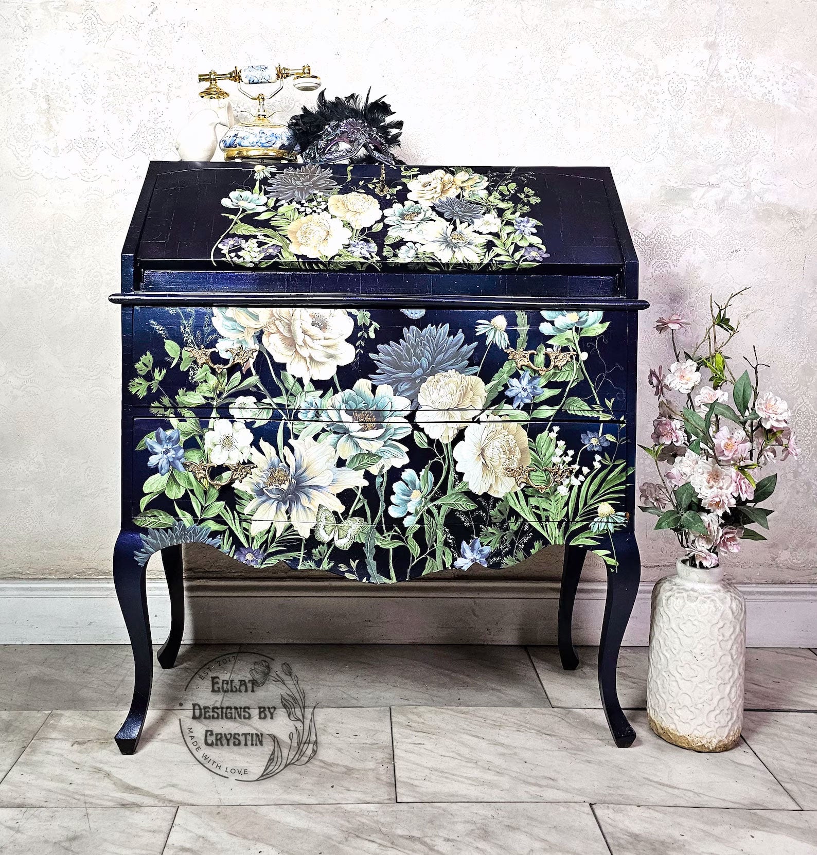 Cerulean Blooms Secretary Desk