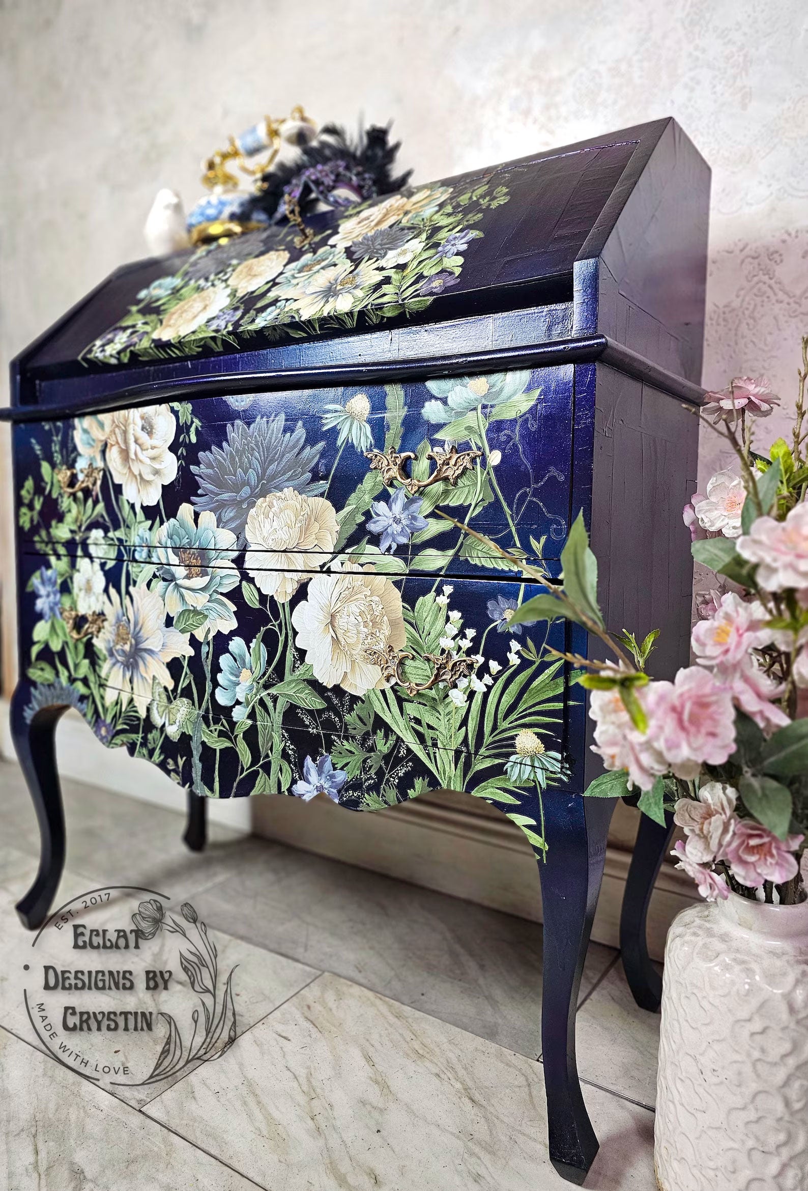 Cerulean Blooms Secretary Desk