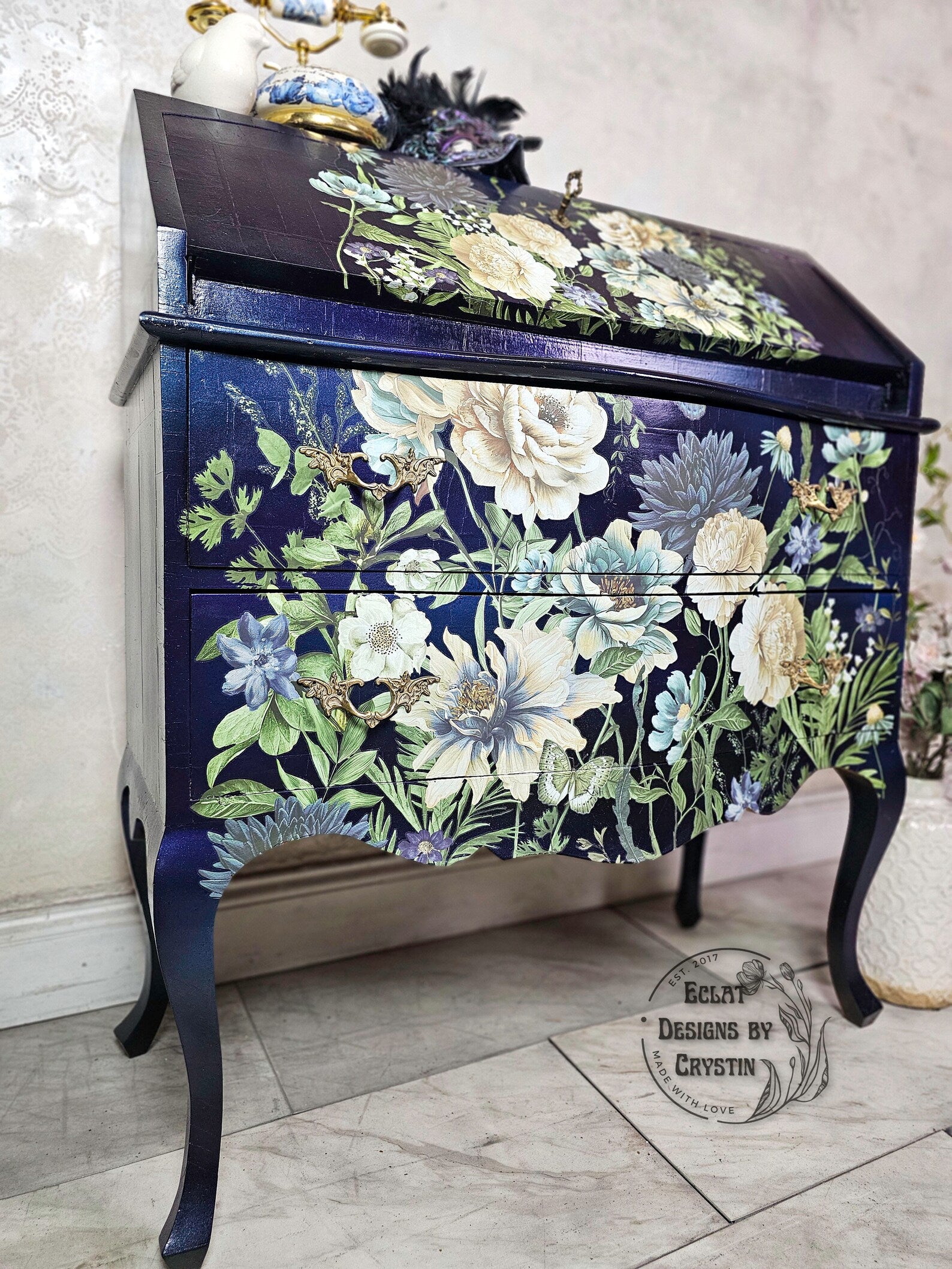 Cerulean Blooms Secretary Desk