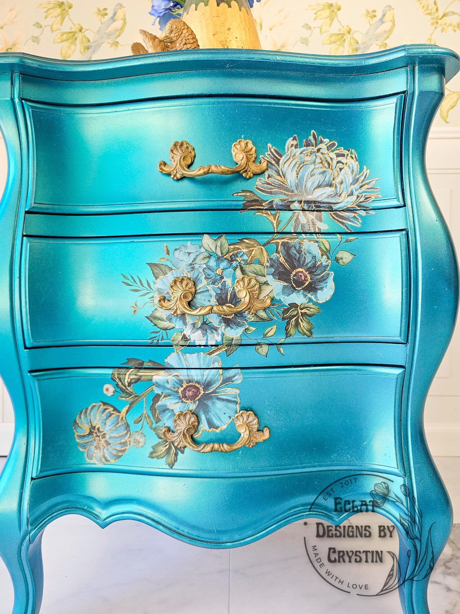 Gilded Floral Turquoise End Table