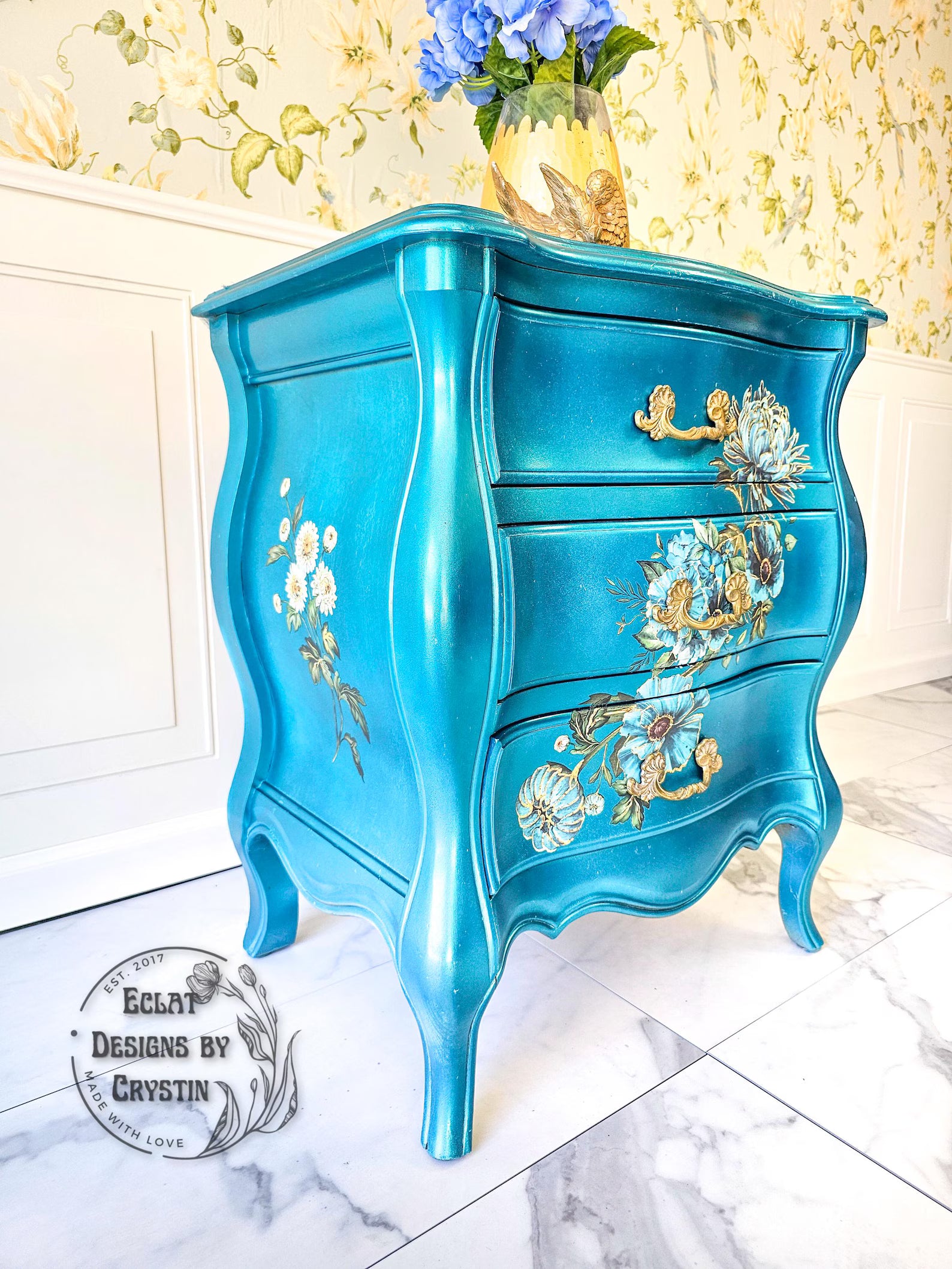 Gilded Floral Turquoise End Table