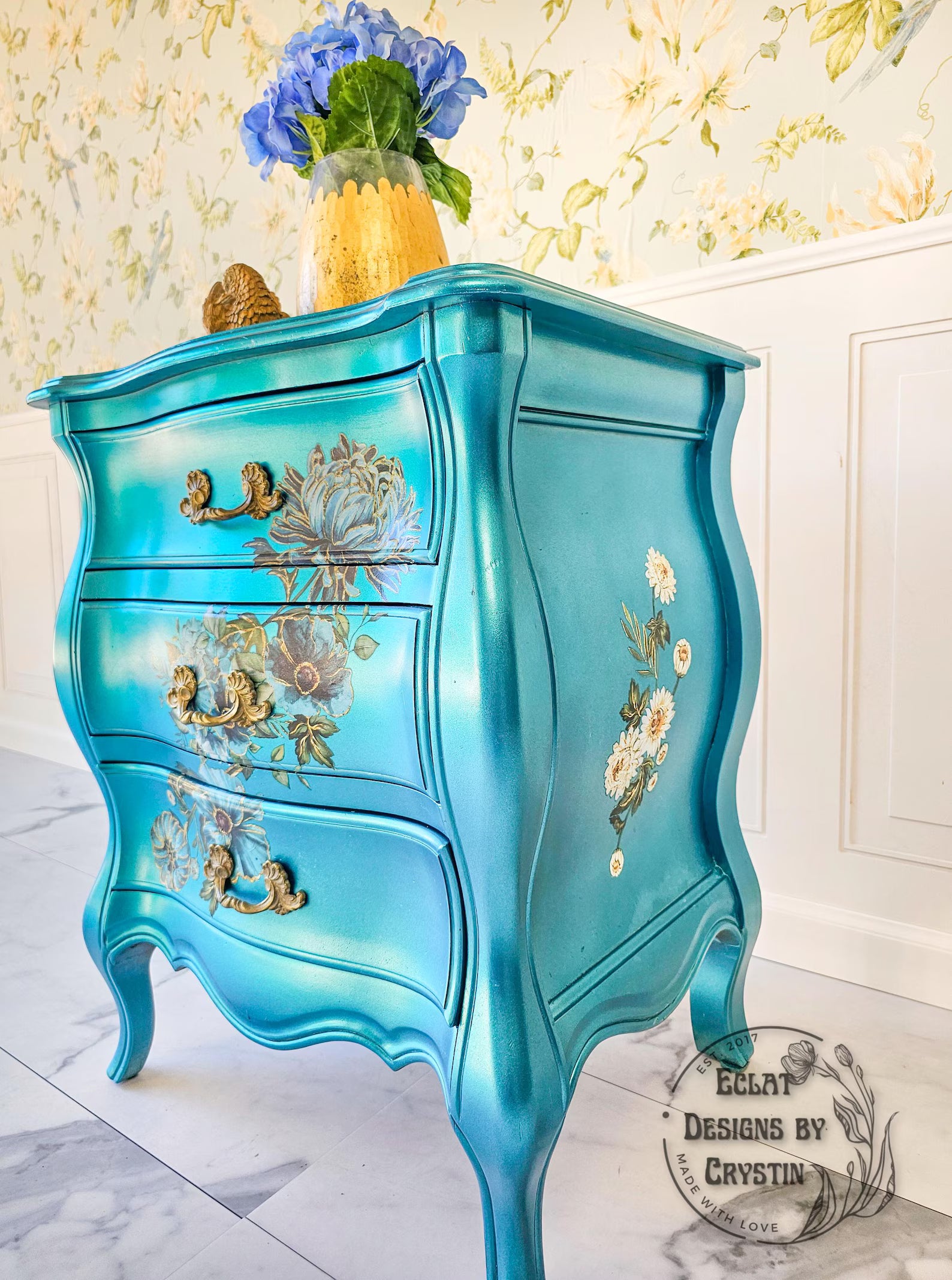Gilded Floral Turquoise End Table
