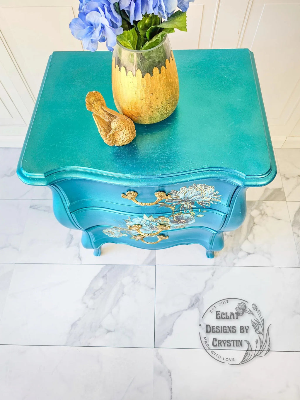 Gilded Floral Turquoise End Table