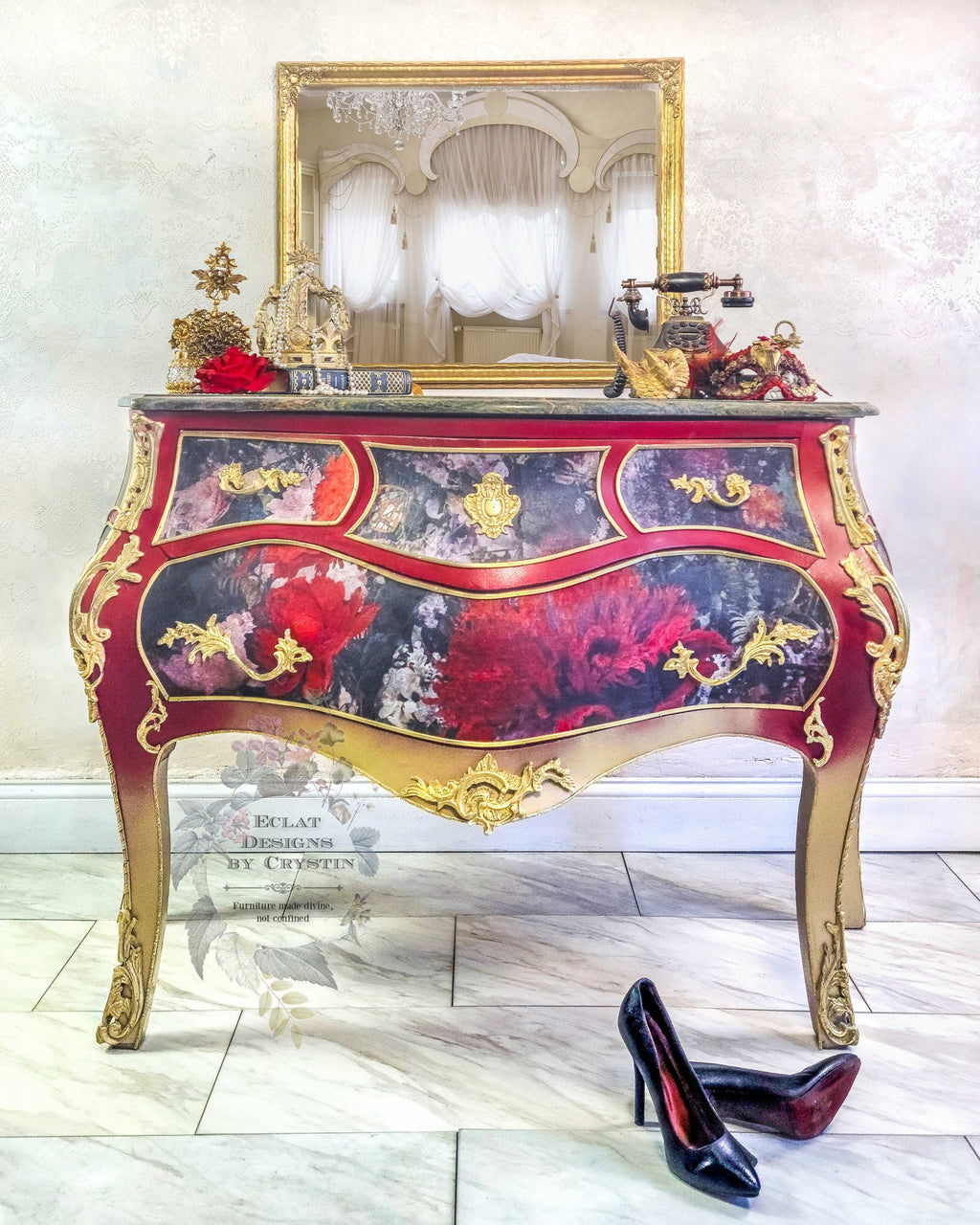 Red Baroque Bombe Commode